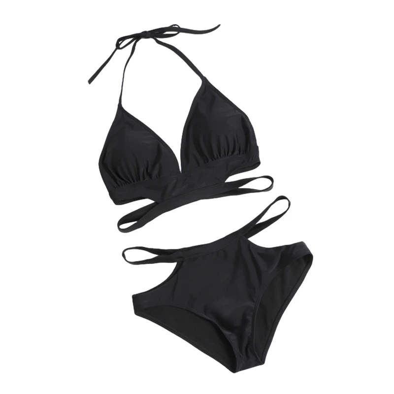 

2Pcs Women Bikini Set Summer Split Style Deep V-neck Tops with High Waist Bottoms Black Bikinis Ladies Beachwear Maillot De Bain