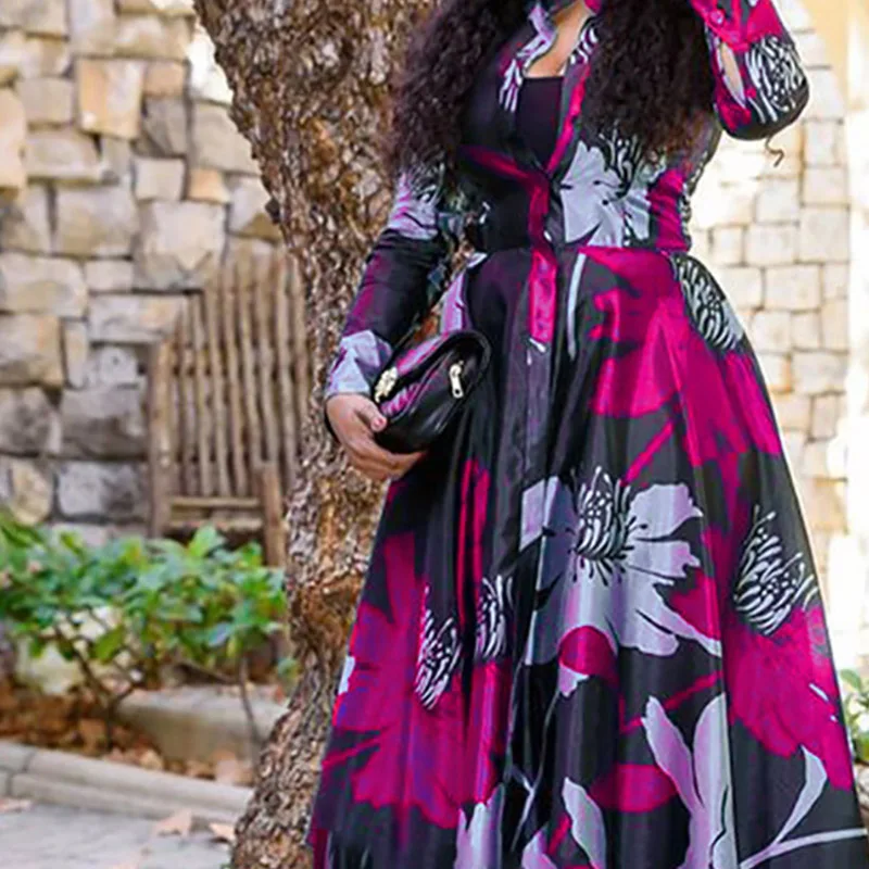 

Long Sleeve Dress Office Lady Floral Print A Line Spring Fall Robe Casual Large Size Tunic Maxi Vintage Dresses Female Vestidos