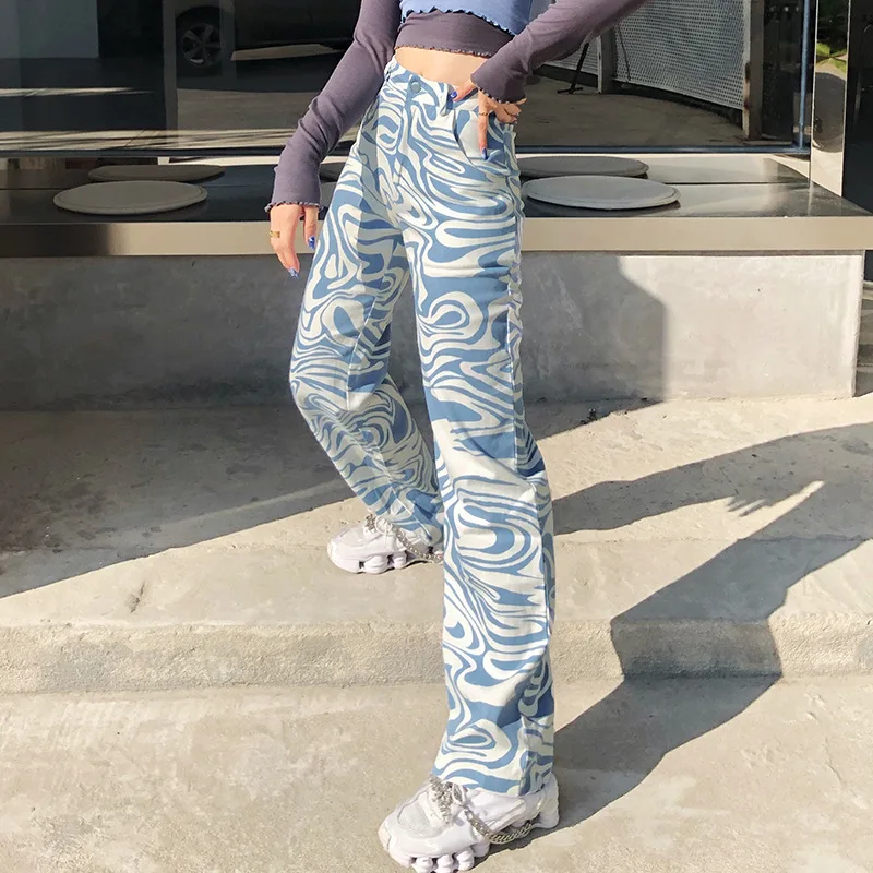 

Ladies Korean Jeans Fashion Personality Irregular Stripe Printing High Waist Trousers Sports Casual Loose Straight-Leg Trousers