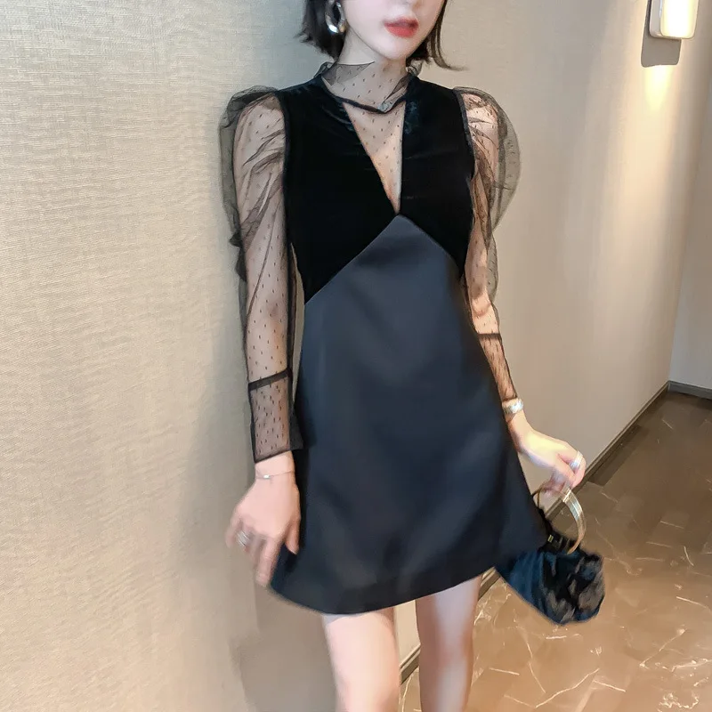 Женское вечернее платье Весна 2020 с воротником-стойкой прозрачные сетчатые