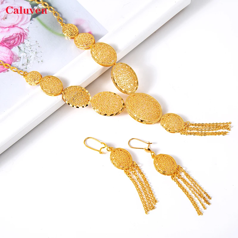 

Arabic Dubai Jewelry Set for Women Summer Cooper Earrings Ethiopian African Chain Gold Color Necklace Wedding Bridal Gift
