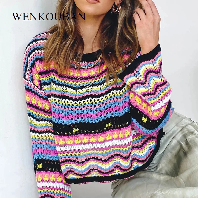 

Женский трикотажный свитер в полоску, с круглым вырезом