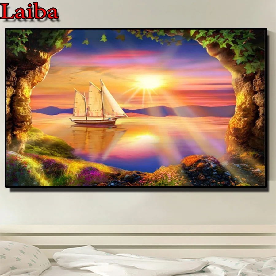 

DIY Diamond Painting 5D Landscape Full Square Round Diamond Embroidery Sale Sunset ship Mosaic Sea Stone arch Craft Home Decor