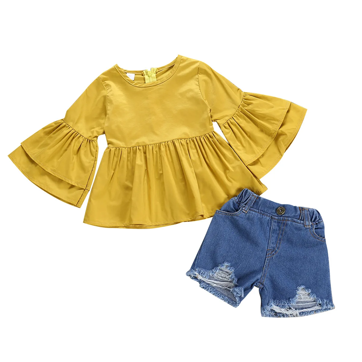

New 2Pcs Fashion Baby Girl Kids Set Outfits Yellow Flare Sleeves T-shirt Tops+Denim Hole Shorts Beauty Clothes Sets