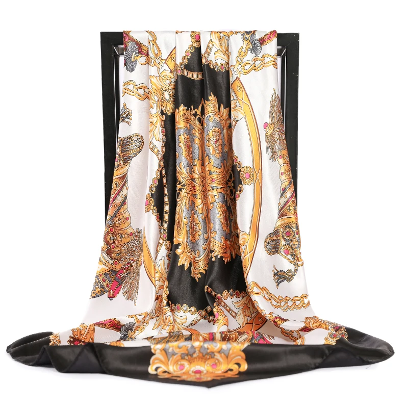 

Large Hijab Scarves For Women Fashion Print Silk Satin Scarf Female 90cmx90cm Luxury Shawls Head Scarfs For Ladies