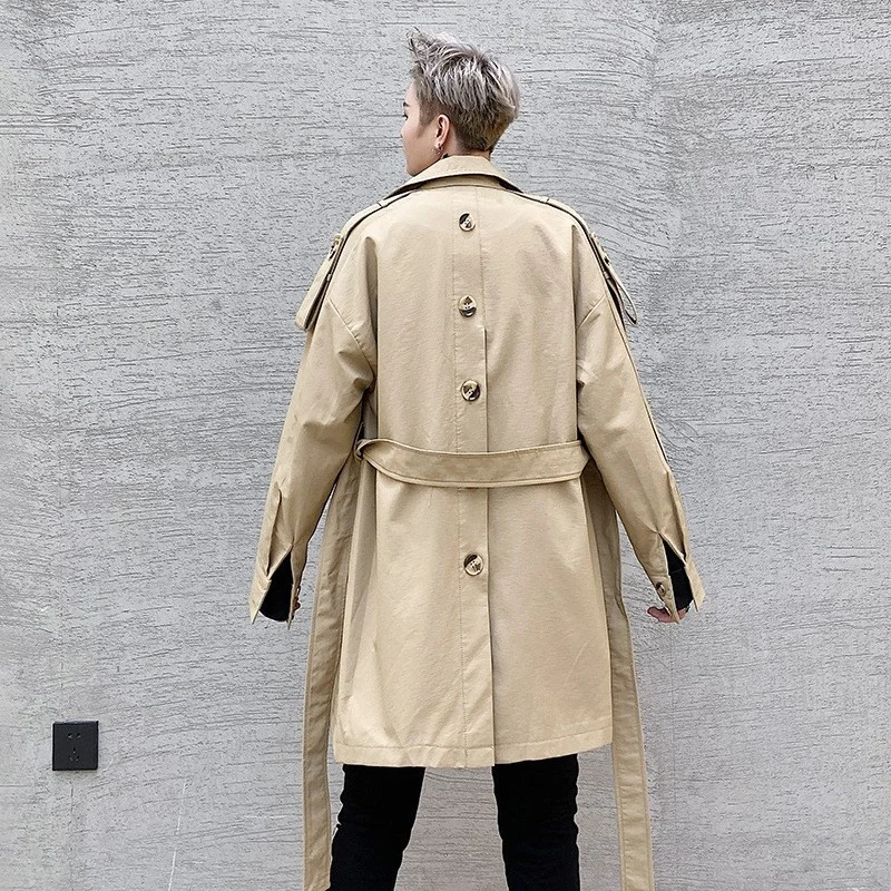 Тренч мужской двубортный средней длины модный длинный плащ цвета хаки
