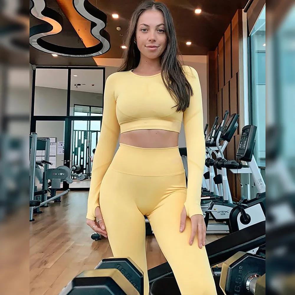 

Fittness Gym Suit For Women Seamless Yoga Suit Long Sleeve Breathable Corpped Top Leggings Jogger Bodycon Sportwear Sets