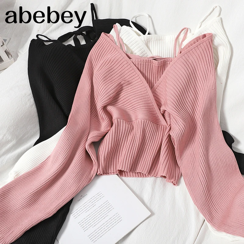 

Autumn lace-up sling knitted pullovers top winter new slim Korean solid color V-neck short top knit sweater women jumper Full