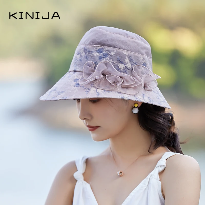 Кружевная шляпа ведро с широкими полями шелковая от солнца цветами мягкая летняя