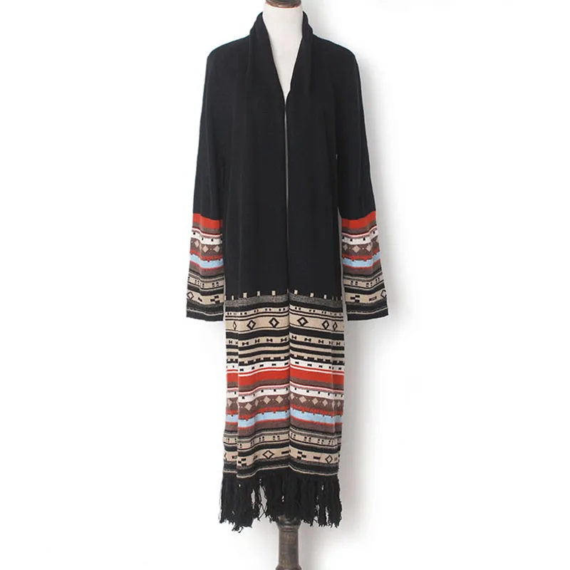 

Euramerican Nation tribal style geometry jacquard fringed spring autumn women's long knitted flower cardigan wool thin coat