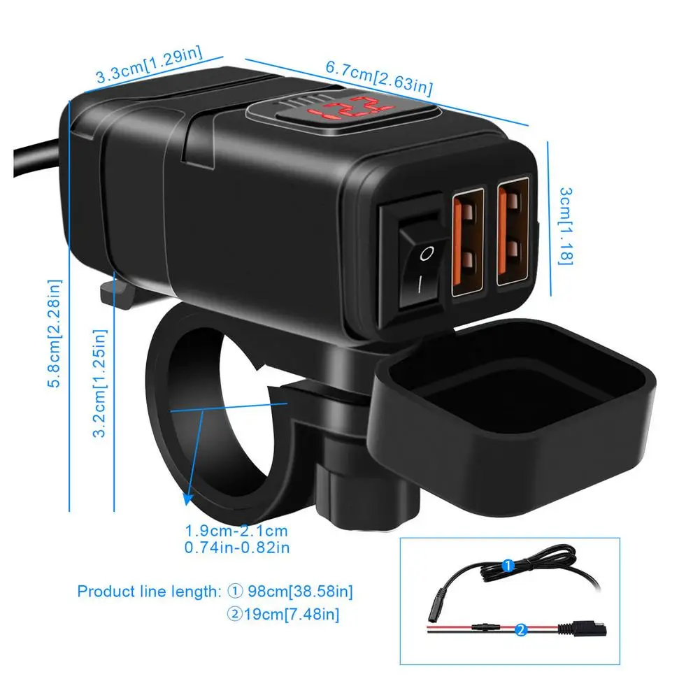 DC 12V Motorcycle Dual USB Phone Charger QC 3.0 Adapter With Switch Aluminum Alloy Cable Socket of ATV Motor Accessories | Автомобили и