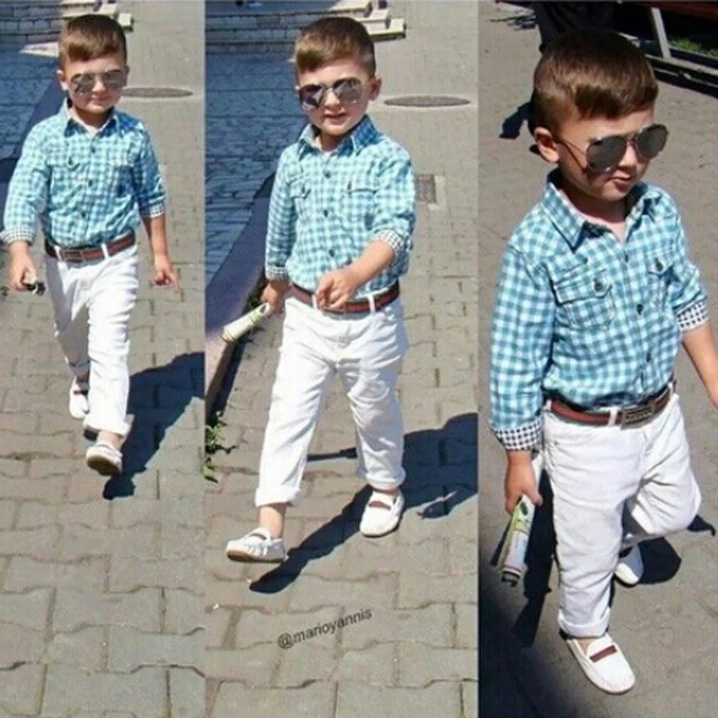 Conjuntos para ni&ntilde;os, camisas a cuadros de manga larga a la moda, Pantalones blancos y cintur&oacute;n, 3 piezas, triangulaci&oacute;n de env&iacute;os-0