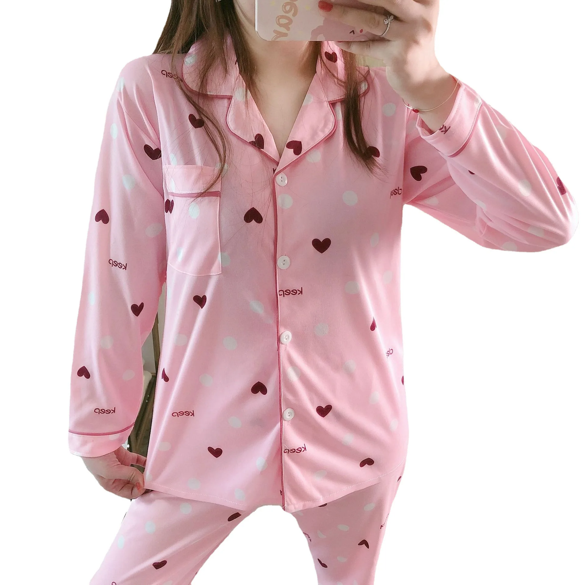 Spring Autumn Pajamas Women's Long Sleeve Sweet Lovely Cardigan Home Clothes Suit Lady Sleepwear Female Nightwear Sleep Wear