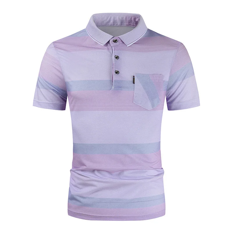 

Летняя полосатая деловая Повседневная облегающая Мужская футболка с коротким рукавом, отложным воротником и карманами, хлопковая модная р...