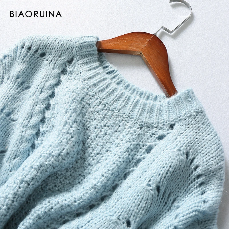 BIAORUINA, 4 цвета, женский корейский стиль, однотонный, с круглым вырезом, вязаный пуловер, женский, свободный, модный, короткий свитер, Новое поступление