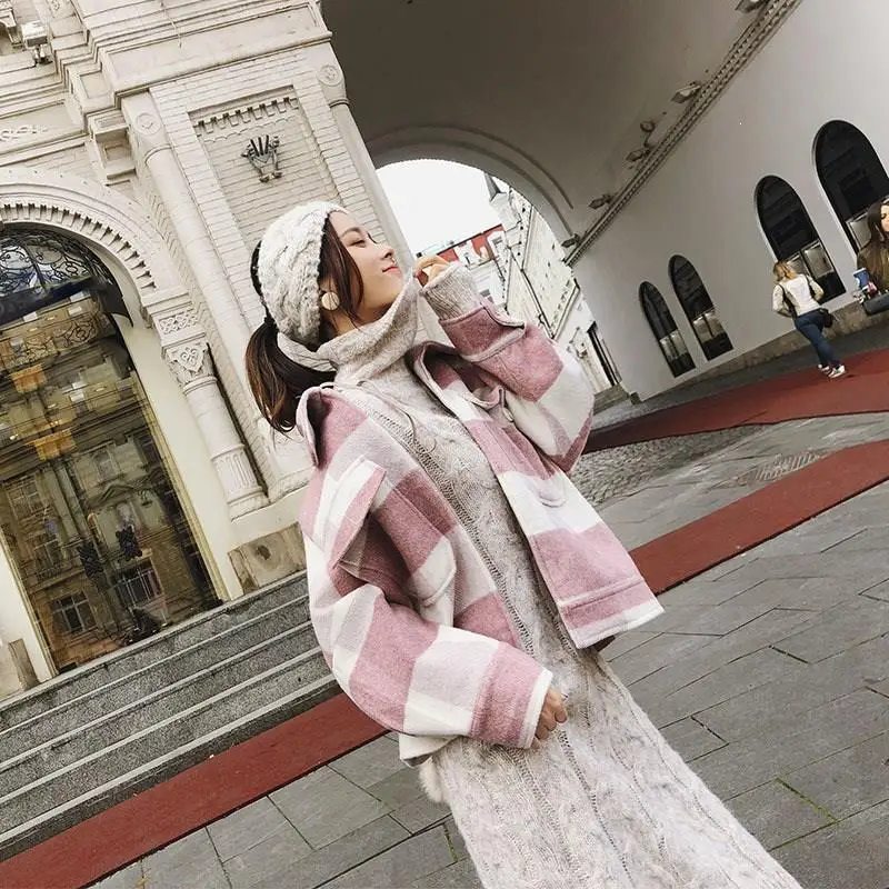 Модное милое Женское зимнее шерстяное пальто на молнии с отложным воротником