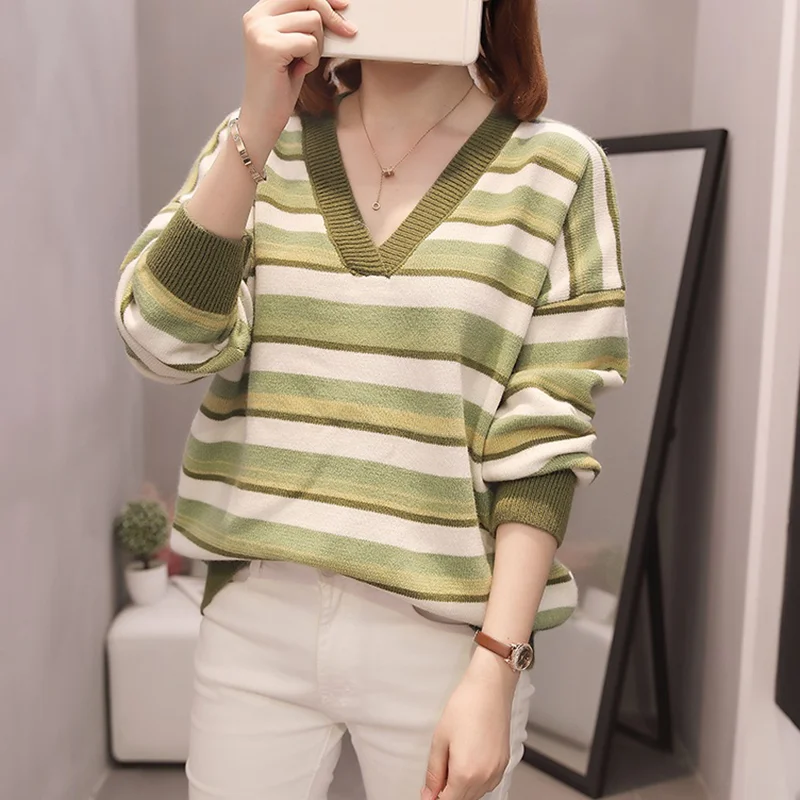 

Свободные полосатые женские пуловеры, Свитер оверсайз, модная зимняя одежда для женщин на осень 2020, вязаный корейский женский свитер K0588