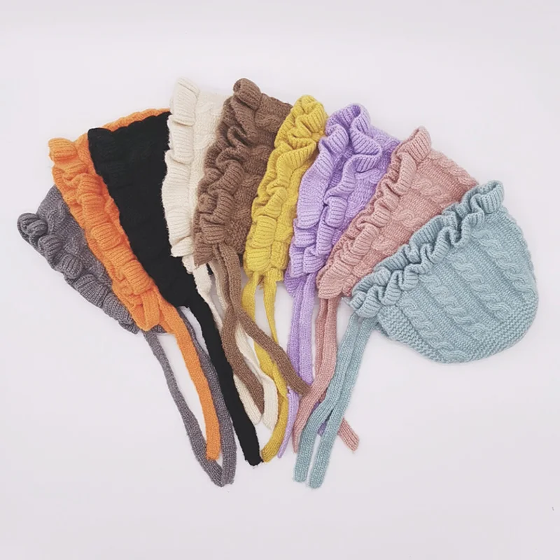 Зимние однотонные шапки с принтом и оборками для маленьких девочек Повседневные