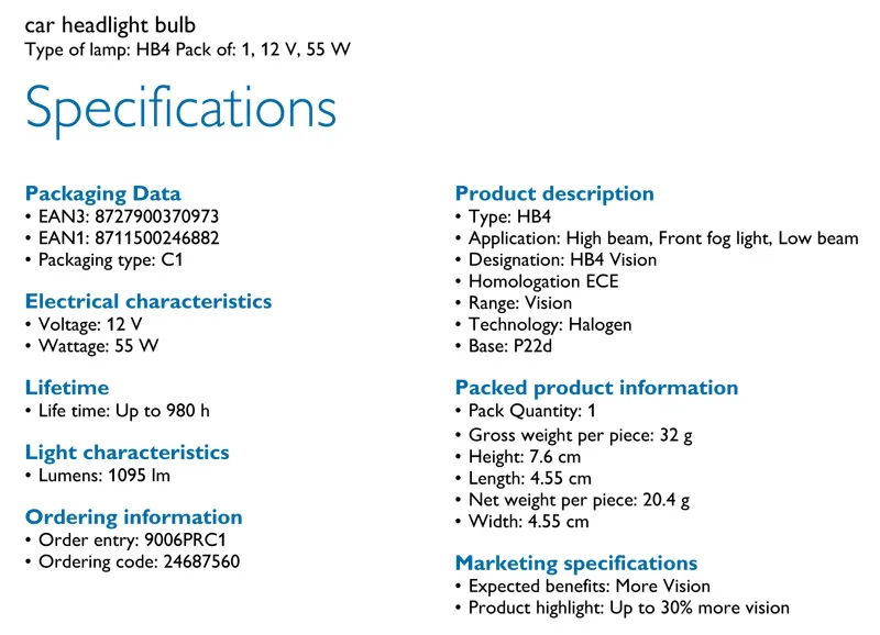 Philips HB4 9006 12V 55W P22d Premium Vision автоматический головной светильник, стандартная галогеновая лампа ECE, одобрено 9006PR C1, 1X