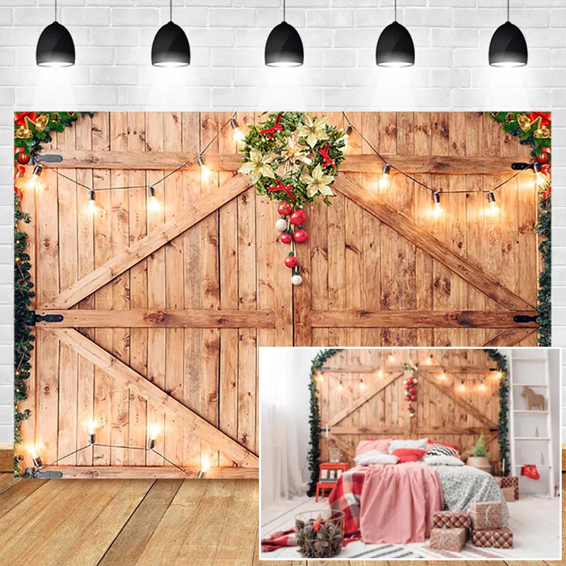 

Christmas Brown Wooden Background Photography Christmas Wreath Bedside Decoration Backdrop for Birthday Portrait Photo Studio