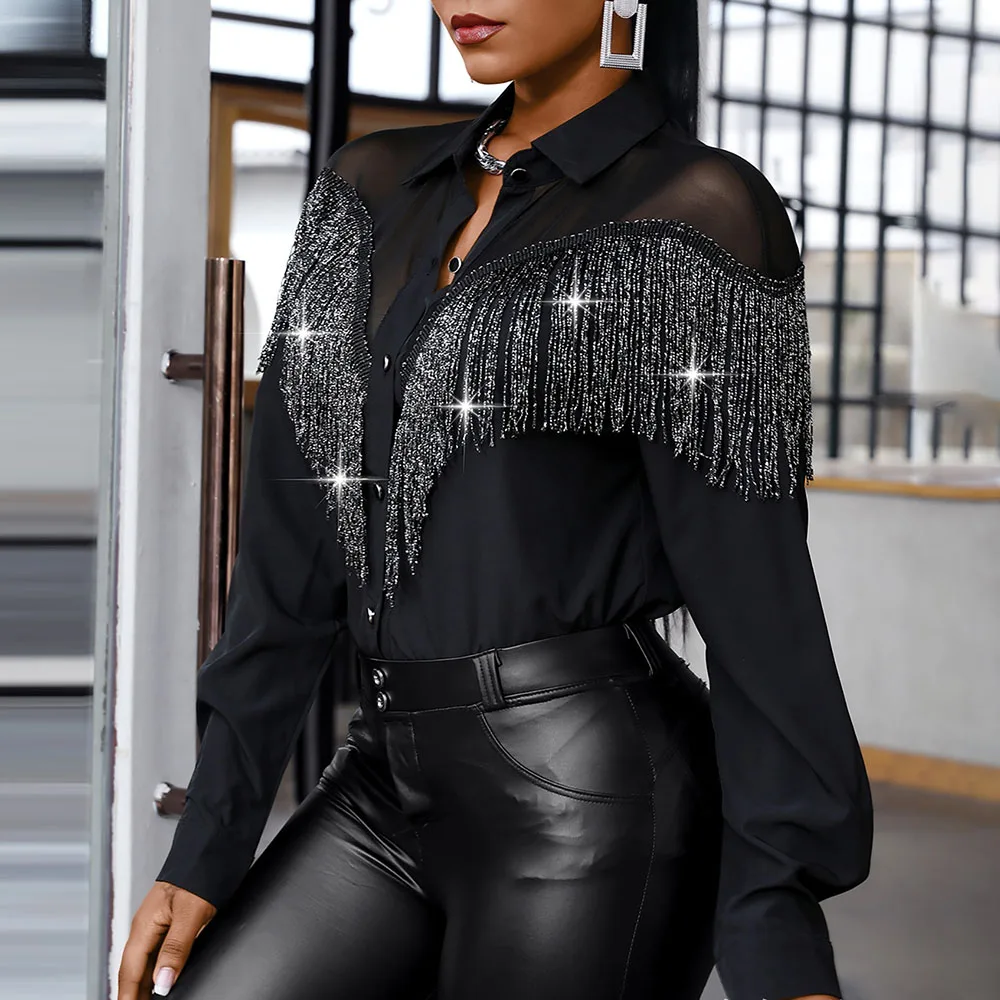 

Tassel Blouse Tops African Black Lady 2021 Turn Down Collar Female Shirts Sequinis New Chic Fashion Patchwork Blousa Shirts