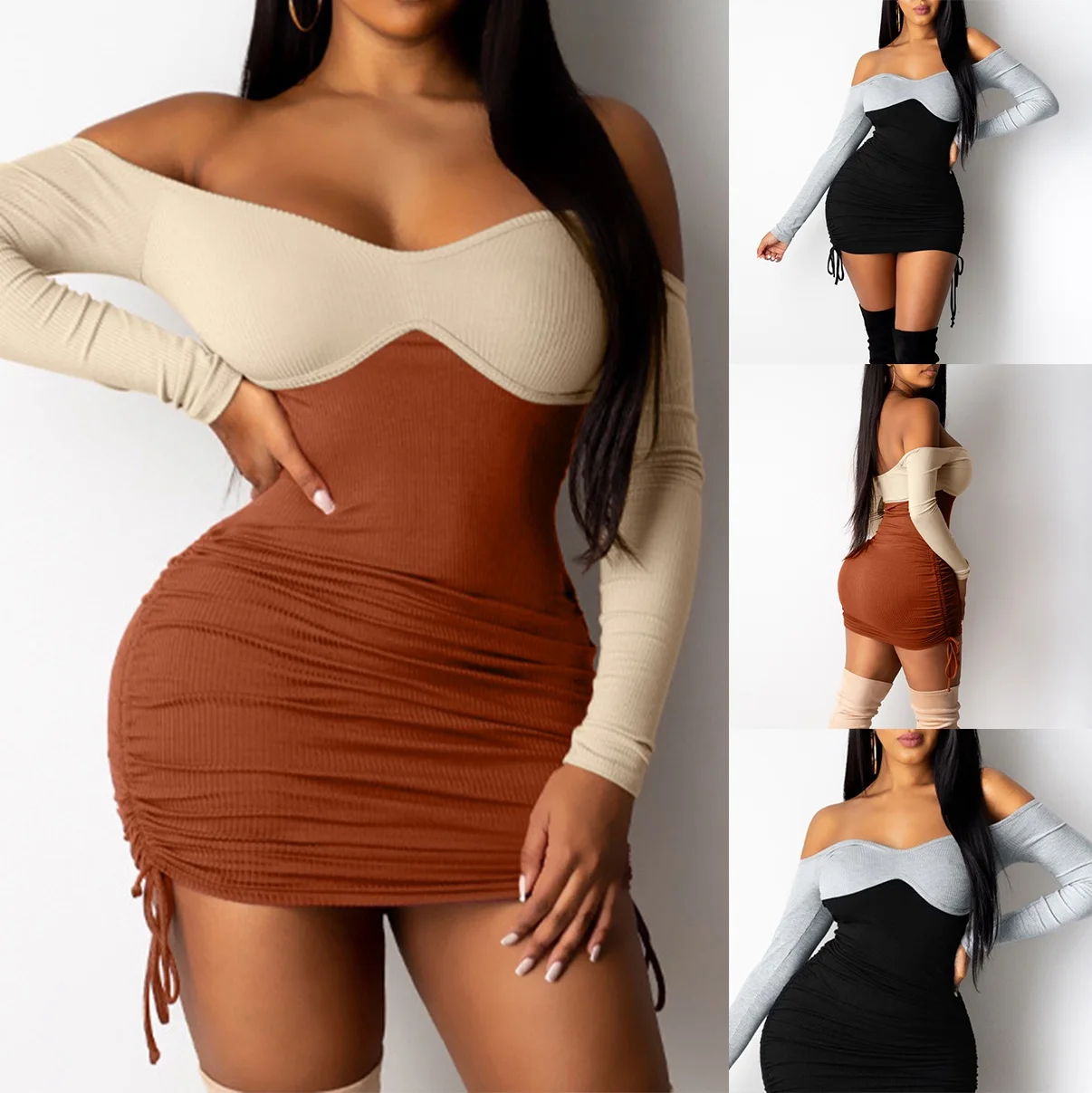 

Women's New Sexy One-Shoulder Color Matching Long-Sleeved Dress
