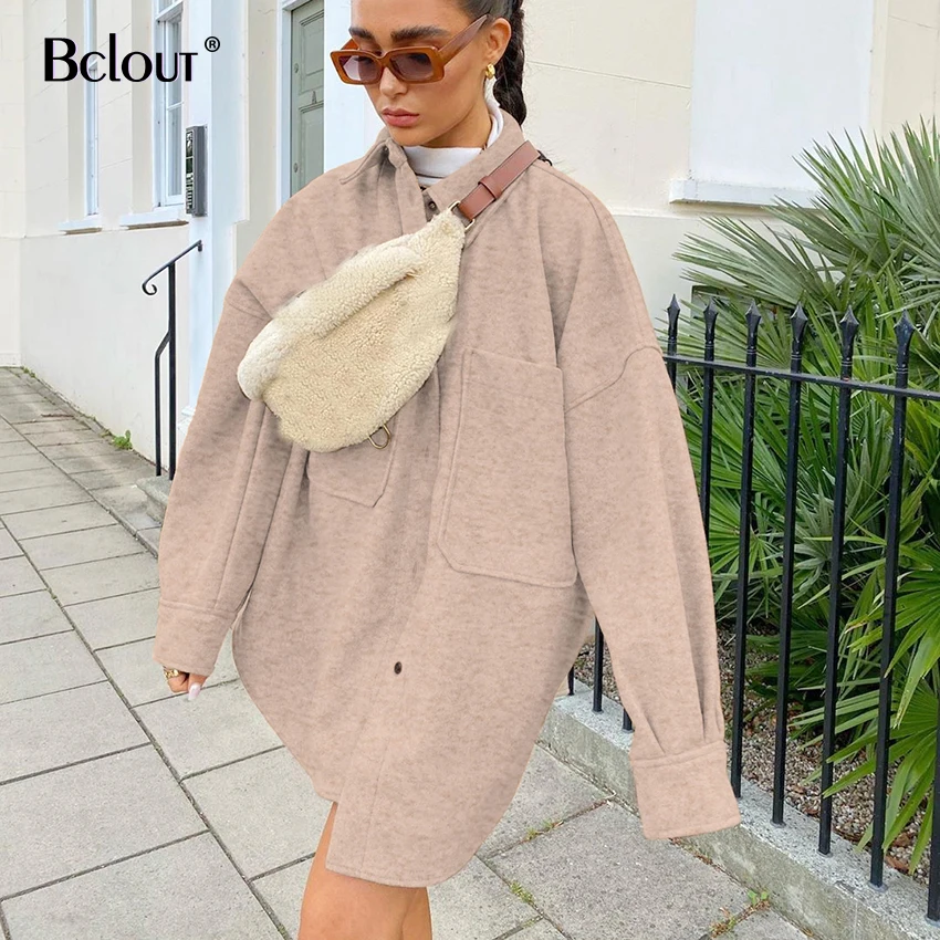 Шерстяное пальто Bclout с длинным рукавом женское осенне-зимнее коричневое