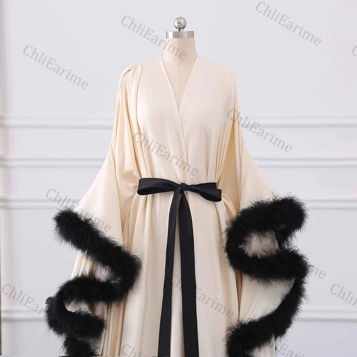 Women's Feather Bridal Robe Wedding Scarf Long Lingerie Robe Nightgown Bathrobe Sleepwear with Belt