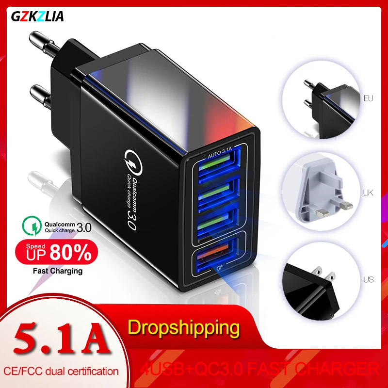 

Z40 4USB Phone Charger 3.1A USB CE Power Adapter QC3.0 Fast Charge 5.1A Multi-port USB3.1 PD Charging For Samsung IPhone Huawei