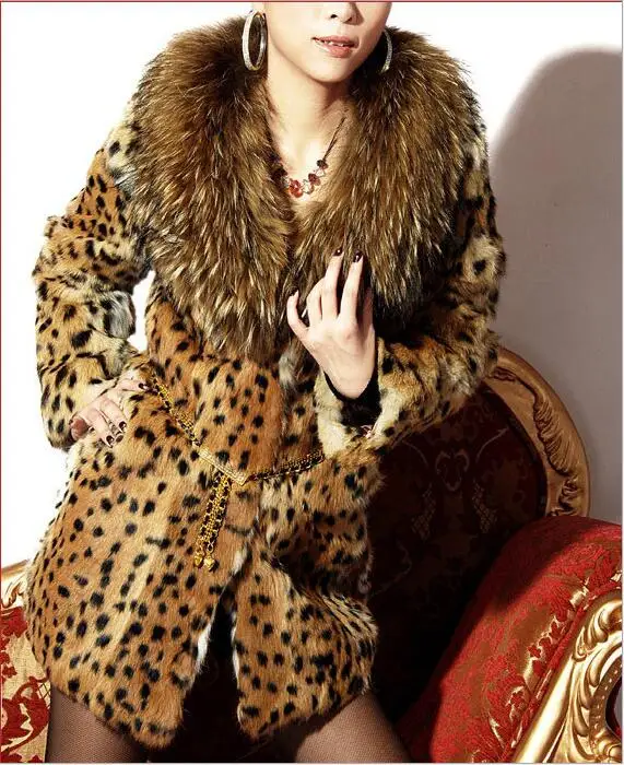 Leopard Print fur leather jacket womens warm faux mink fur leather coat women loose jackets winter thick fashion big fur collar