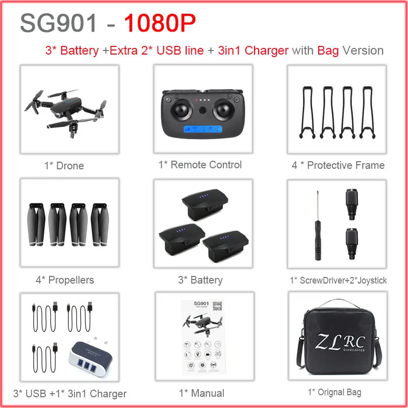 SG901 RC селфи Дрон 4k 1080P HD Двойная камера Складная следуя за мной FPV Профессиональный Дрон долгое время Летающий вертолет детские игрушки - Цвет: 3Battery1080PBag