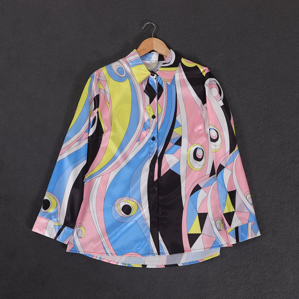 

Женские рубашки на пуговицах 2021, женская блузка с геометрическим принтом, Топ с длинным рукавом, осенняя Повседневная модная уличная одежда