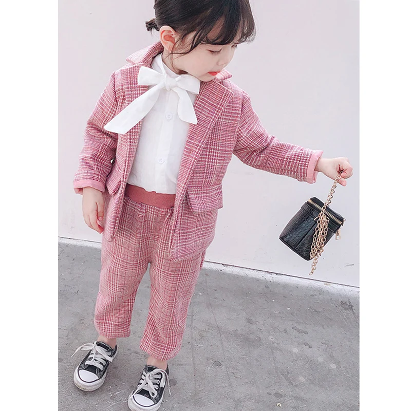 Комплект одежды для девочек новинка модная клетчатая одежда с узором верхняя +