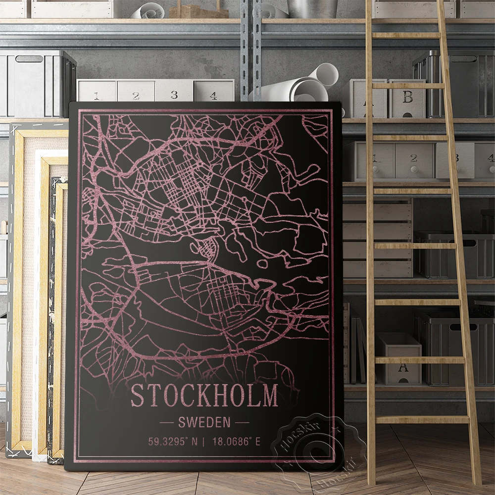 Стокгольм Швеция Карта Декор Плакат Мира Путешествия Настенная Черный Фон