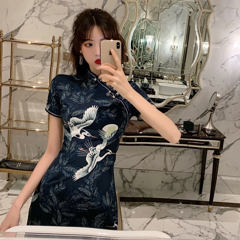 

New 2020 Chinese Dress for Women Elegant Vintage Print Crane Qipao Dress Vestidos Sexy Party Wedding Split Cheongsam Dresses