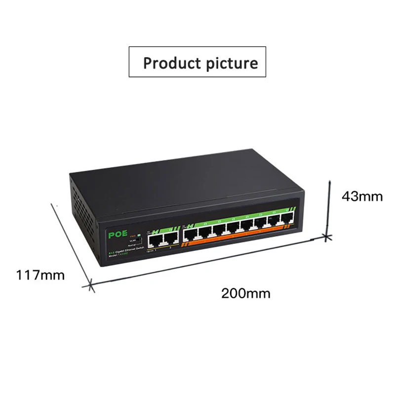 

POE Gigabit Switch 8 POE Port+2Uplink Switcher 10 Port 10/100/1000Mbps VLAN 250 meters 52V 120W For POE Cameras Security Monitor