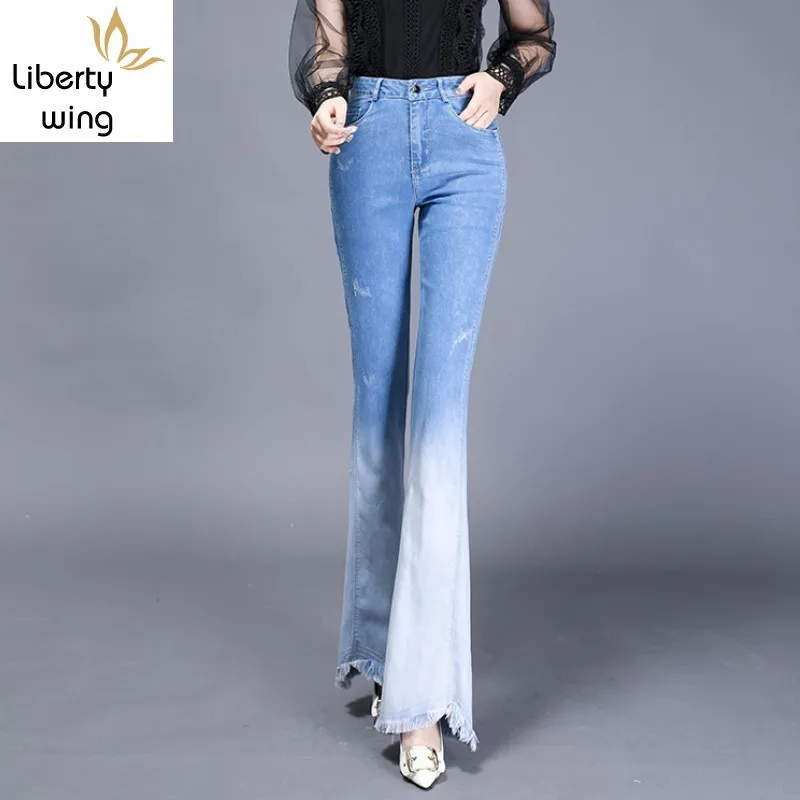 Spring New Women Color Panelled High Waist Denim Flare Long Trousers Female Bell-bottomed Pants Casual Tassels Jeans