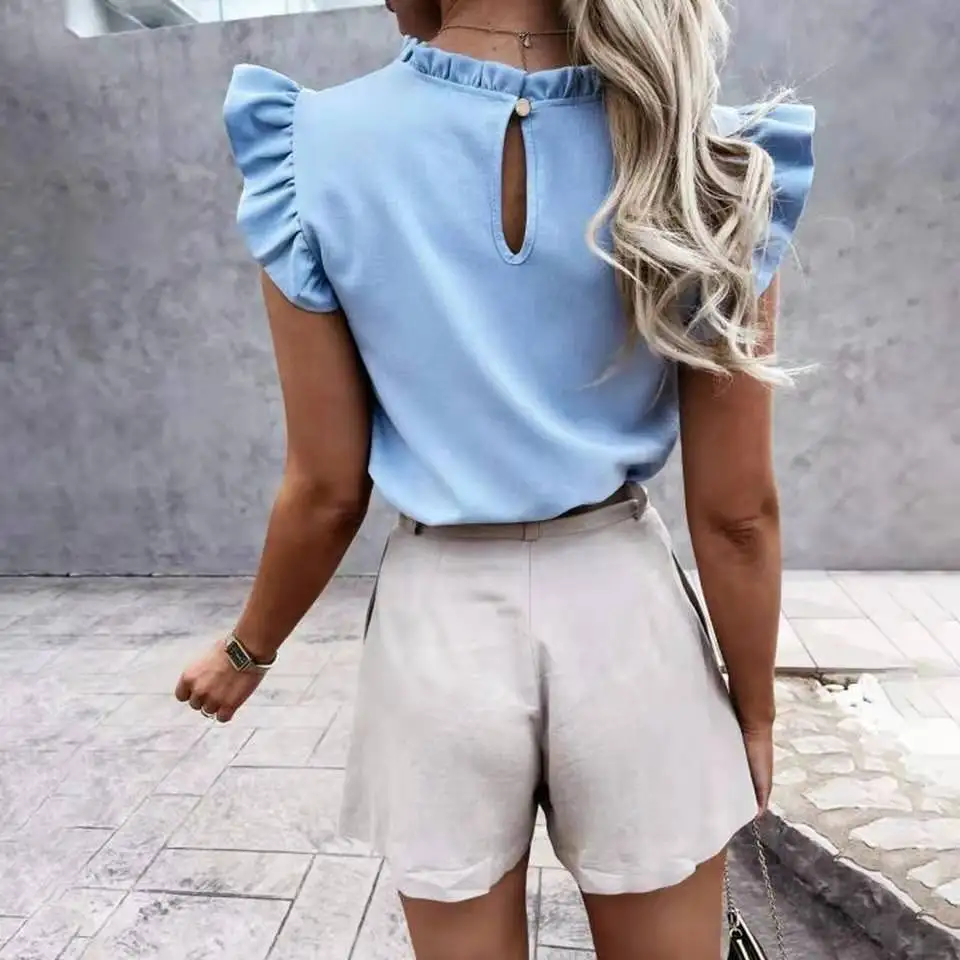 

Summer Women Shirt 2021 Ruffled Round Neck Slim Sleeveless Candy Color Shirt New Fashion Casual Solid Color Ladies Blouse