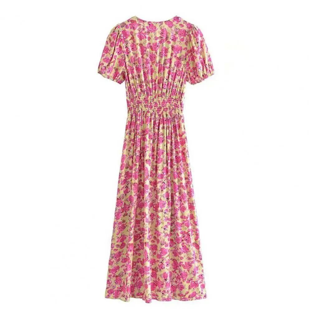 

Summer Women Puff Sleeve Backless Midi Dress Vintage Floral Print Split Blue Sundress Elegant Party Beach Ladies Dress 2021