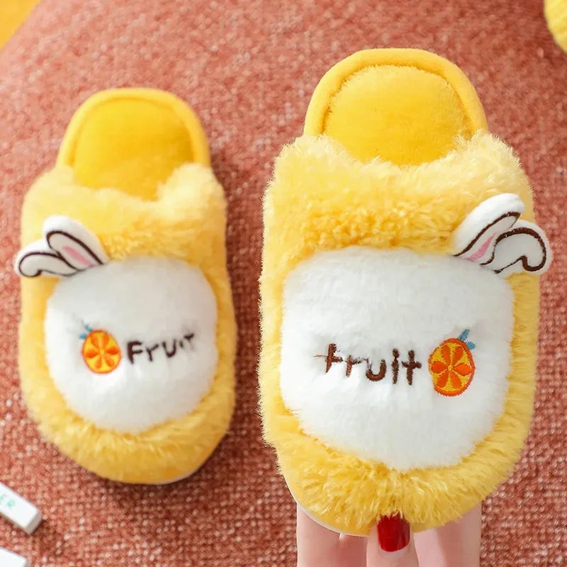 

Rabbit Ear Fruit Home Shoes Children Home Slippers Kids Indoor Non Slip Furry Warm Plush Slippers Boys Girls Pink Winter Slides