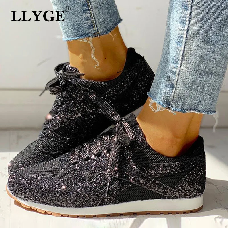 Casual Sneakers Women Flat Glitter Bling Vulcanized Shoes Female Mesh Lace Up Platform Comfort Plus Size Fashion Ladies Spring