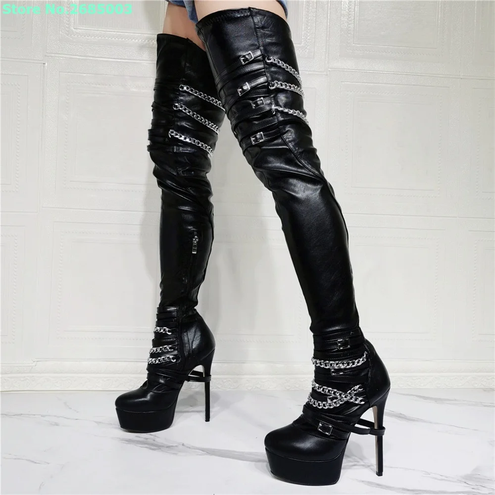 

Round Toe Metal Chain Buckle Boots Platfrom Over The Knee Sexy Women Thin High Heels Winter Autume Party Dress Long Boots Shoes