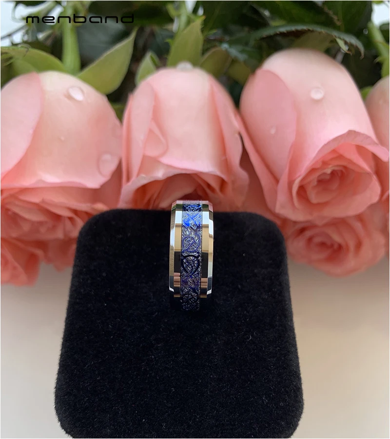 Вольфрамовое обручальное кольцо с драконом для мужчин и женщин метеоритом синим