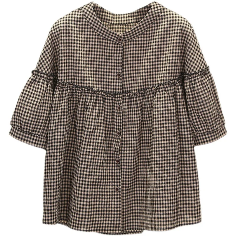 

Short sleeve shirt women's summer 2021 new loose Plaid Shirt European fashion minority cotton linen top