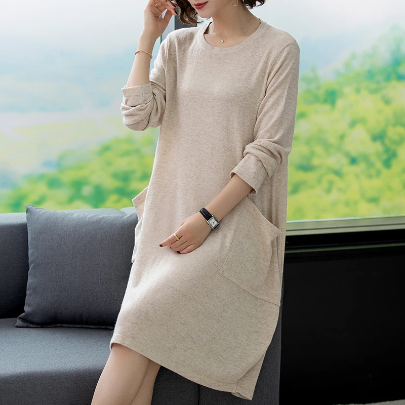 Женское кашемировое платье-свитер повседневное длинное вязаное шерстяное