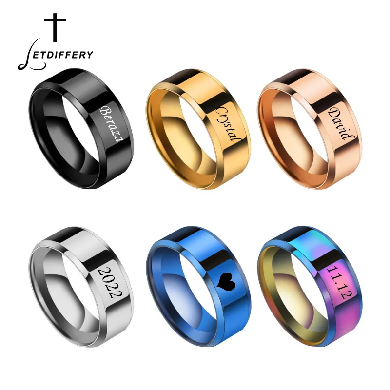 Letdiffery Stainless Steel 8mm Simple Men Ring Customized Engrave Name Smmoth Ring for Couple Wedding Jewelry Gifts Dropshipping