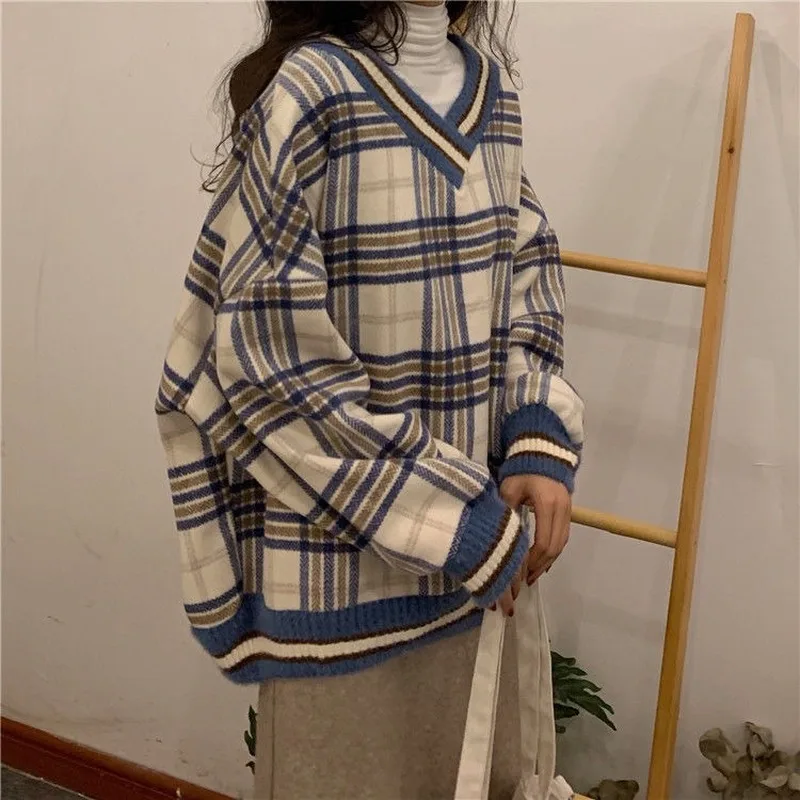 

Pullovers Women Plaid Patchwork V-neck Loose Oversized Knitted Sweaters Students All-match Winter Warm Casual Tops Vintage Retro