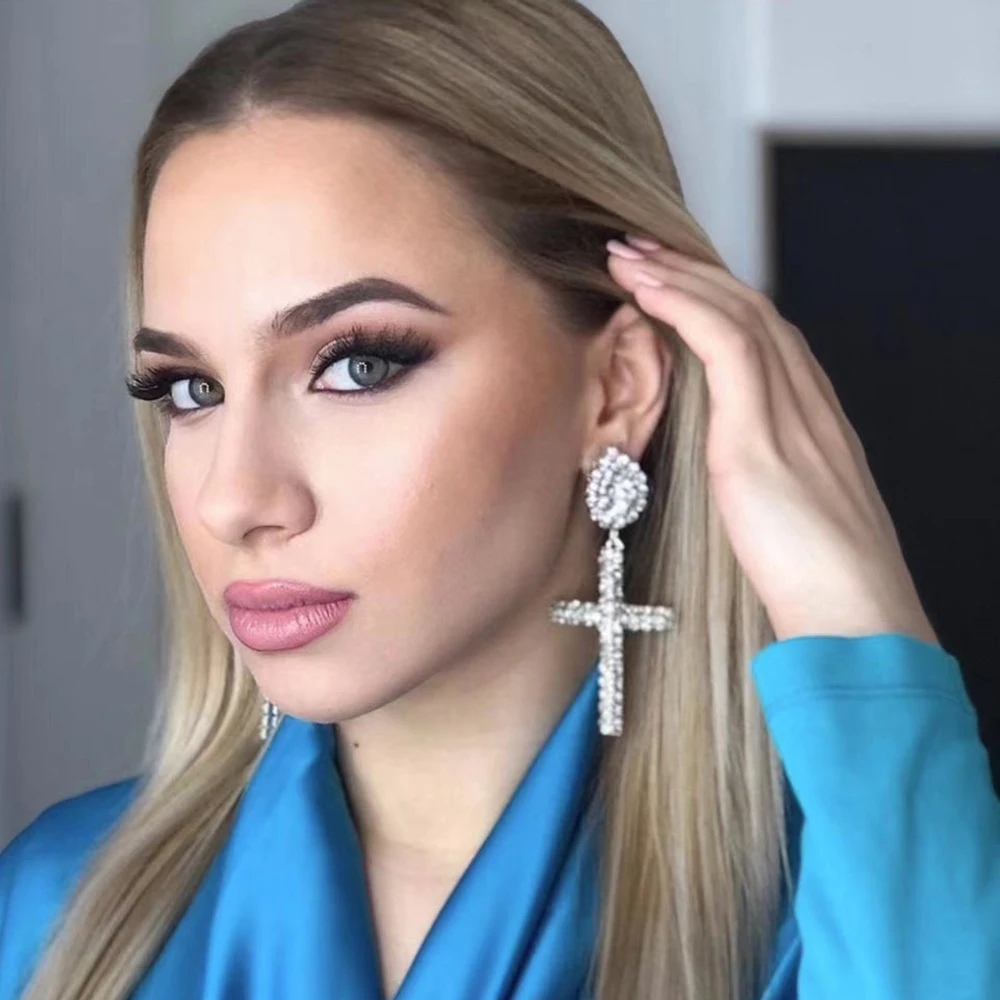 

JIJIAWENHUA Fashion Ladies Rhinestone Cross Drop Earrings Wedding Party Fashion Personality Temperament Jewelry Accessories