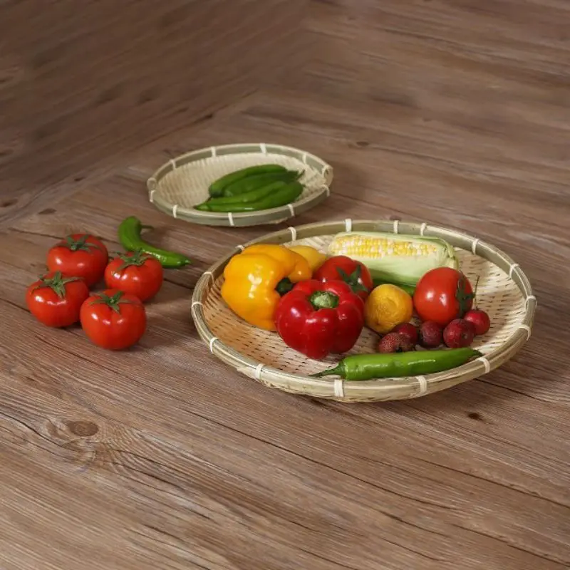 

Handmade Weaving Bamboo Sieve Bamboo Raft Round Dustpan DIY Decorative Fruit Bread Basket Kitchen Storage