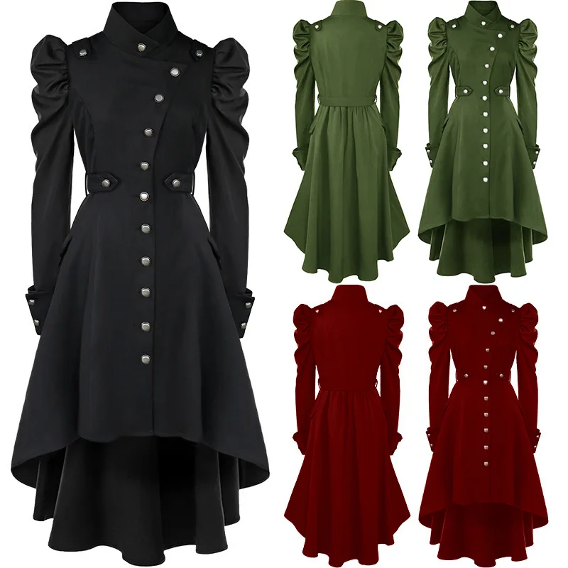 Women Vintage Button Up Dress Puff Sleeves Steampunk Cosplay Jakcet Slim Fit Retro Lady Long Victorian Gothic Halloween Costume